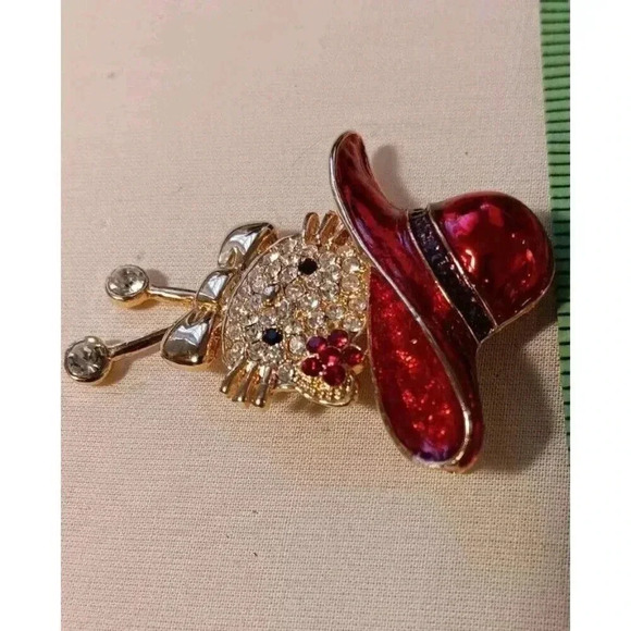 Whiskered Kitty Brooch Enamel Red Hat W/Red&Clear Rhinestones Gold Tone - Picture 3 of 5
